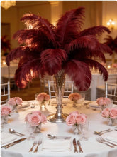 Load image into Gallery viewer, Burgundy ostrich feather centerpiece, rich table decor for fall weddings, holiday parties and formal events