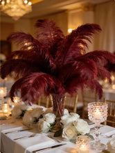 Load image into Gallery viewer, Burgundy ostrich feather centerpiece, elegant table decor for weddings, corporate events and themed parties