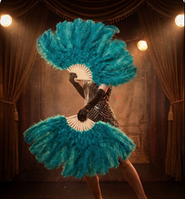 Load image into Gallery viewer, Professional quality teal ostrich feather fan, handcrafted for dancers, performers, and events.
