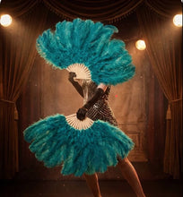 Load image into Gallery viewer, Professional quality teal ostrich feather fan, handcrafted for dancers, performers, and events.