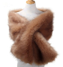 Load image into Gallery viewer, Camel brown faux fur wrap, cozy and stylish stole for weddings, parties and cold-weather occasions