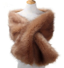 Load image into Gallery viewer, Camel brown faux fur wrap, cozy and stylish stole for weddings, parties and cold-weather occasions