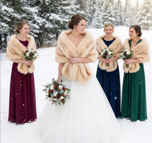 Load image into Gallery viewer, Champagne faux fur wrap with black tips worn by bridesmaids at a wedding, glamorous stole for formal events
