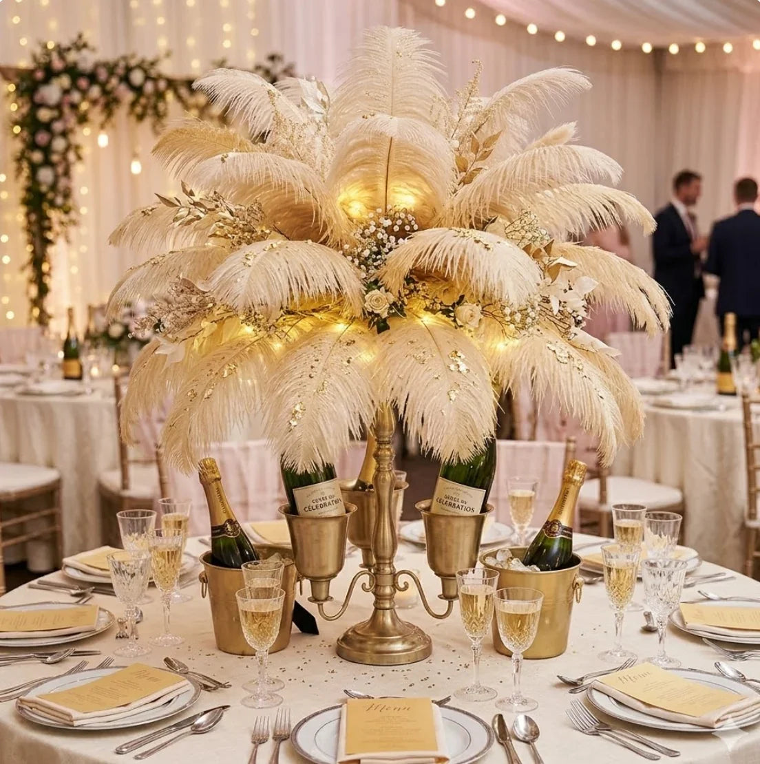 Champagne-colored ostrich feather centerpiece, luxurious table decor for weddings, New Year's events and elegant parties
