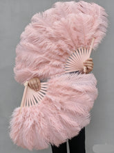 Load image into Gallery viewer, Champagne pink ostrich feather fan, elegant and warm-toned fluffy fan for weddings, events and photoshoots