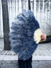 Load image into Gallery viewer, Classic grey ostrich feather fan, neutral and elegant fan for formal galas, weddings and performances