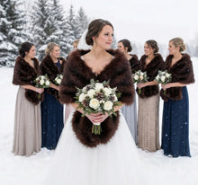 Load image into Gallery viewer, Coffee brown faux fur wrap, warm and sophisticated stole for weddings, evening wear and formal occasions
