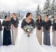Load image into Gallery viewer, Deep grey faux fur wrap, versatile and stylish stole for weddings, evening wear and cold-weather events