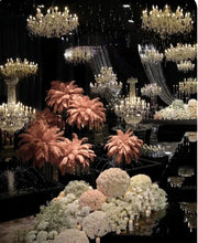 Load image into Gallery viewer, Dusty pink ostrich feather centerpiece in moody lighting, romantic table decor for weddings, intimate dinners and events