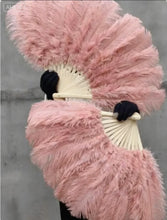 Load image into Gallery viewer, Dusty pink ostrich feather fan, soft and romantic handheld fan for weddings, performances and special occasions