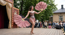 Load image into Gallery viewer, a large dusty pink ostrich feather fan, designed for burlesque dance performances.