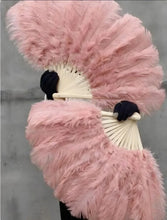 Load image into Gallery viewer, A pair of large Dusty Pink Ostrich Feather Fans soft and romantic for weddings, events and special occasions burlesque dancing and stage performance.