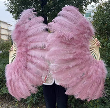 Load image into Gallery viewer, Dusty pink ostrich feather fan, soft fluffy handheld fan for burlesque performances, weddings and themed parties
