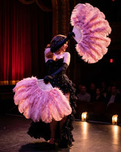 Load image into Gallery viewer, Soft dusty pink ostrich feather fan, vintage Gatsby style hand fan for burlesque and weddings.