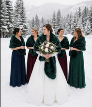 Load image into Gallery viewer, Emerald green faux fur wrap worn by bridesmaids at a wedding, rich and elegant stole for winter events