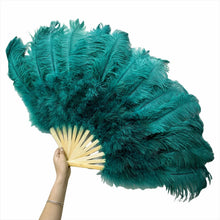 Load image into Gallery viewer, emerald ostrich feather fan, showing vibrant color and fluffy texture for performances