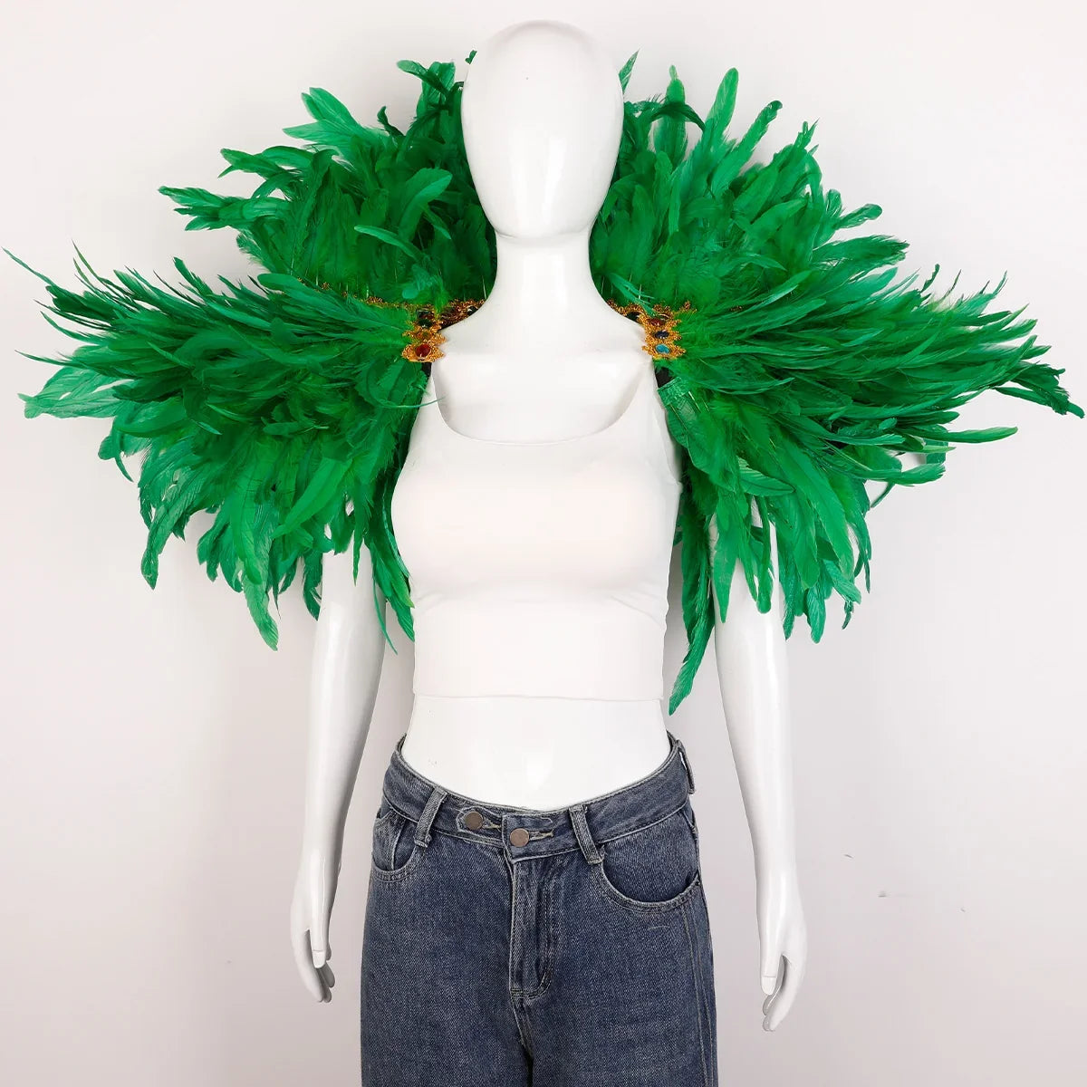 Forest green ostrich feather shoulder cape, perfect for st patrick's day, cosplay, and themed party outfits