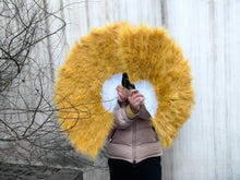 Load image into Gallery viewer, Large gold marabou feather fan, glamorous dance prop for burlesque, weddings and themed events