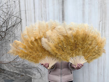 Load image into Gallery viewer, Gold-toned ostrich feather fan, luxurious and glamorous handheld fan for weddings, performances and special occasions