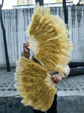 Load image into Gallery viewer, Golden yellow ostrich feather fan, bright and glamorous fan for burlesque performances, stage shows and festivals
