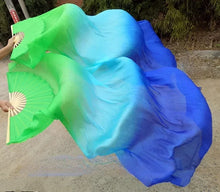 Load image into Gallery viewer, Green and blue gradient silk veil fan, multi-color handheld fan for festivals, pride events, performances and photoshoots