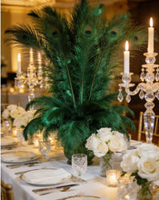 Load image into Gallery viewer, Green peacock feather centerpiece, elegant table decor for weddings, corporate events and themed parties