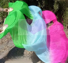 Load image into Gallery viewer, Green and pink gradient silk veil fan, soft handheld fan for spring events, photoshoots, belly dance and costumes