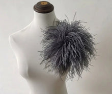 Load image into Gallery viewer, Grey silver ostrich feather boutonniere, minimalist lapel pin for modern weddings and formal suits