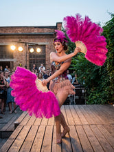 Load image into Gallery viewer, Hot pink ostrich feather fan for drag queen outfits and burlesque stage dance