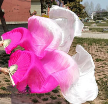 Load image into Gallery viewer, Hot pink and white gradient silk veil fan, eye-catching handheld fan for burlesque, parties, performances and statement outfits
