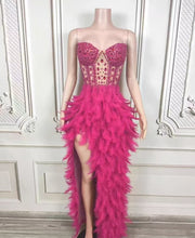 Load image into Gallery viewer, hot pink feathered and beaded dress