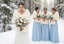 Load image into Gallery viewer, Ivory faux fur wrap worn by bridesmaids at a wedding, soft and elegant stole for winter events