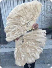 Load image into Gallery viewer, ivory ostrich feather fan, soft neutral-toned fan for wedding photoshoots and events