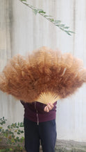 Load image into Gallery viewer, Large brown ostrich feather fan, warm-toned fluffy fan for stage performances, burlesque and themed events