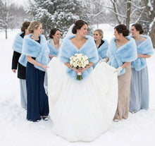 Load image into Gallery viewer, Light blue faux fur wrap worn by bridesmaids at a wedding, soft and elegant stole for spring events