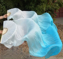 Load image into Gallery viewer, Light blue and white gradient silk veil fan, delicate handheld fan for weddings, photoshoots, performances and special occasions