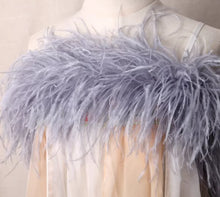 Load image into Gallery viewer, Light gray ostrich feather shoulder wrap, elegant feather cape for minimalist weddings and formal dinners