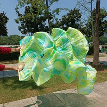 Load image into Gallery viewer, Light green gradient silk veil fan, pastel handheld fan for weddings, photoshoots, performances and romantic events
