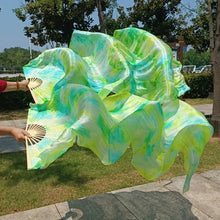 Load image into Gallery viewer, Light green silk veil fan, soft handheld fan for spring events, photoshoots, belly dance and costumes