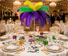 Load image into Gallery viewer, Mardi Gras ostrich feather centerpiece, colorful purple-green-yellow table decor for carnival parties and events