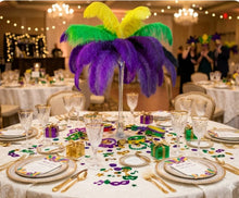 Load image into Gallery viewer, Mardi Gras ostrich feather centerpiece, colorful purple-green-yellow table decor for carnival parties and events