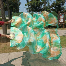 Load image into Gallery viewer, Multi-tone green gradient silk veil fan, pastel handheld fan for weddings, photoshoots, performances and romantic events