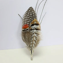 Load image into Gallery viewer, Multicolor feather boutonniere for men, handcrafted feather lapel pin for grooms, groomsmen, and prom.