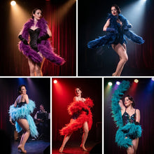 Load image into Gallery viewer, Assortment of vibrant ostrich feather boas in various colors for burlesque dance costumes and fashion.
