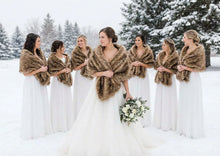 Load image into Gallery viewer, Natural tone faux fur wrap stole worn by bridesmaids at a wedding, soft and versatile stole for winter weddings