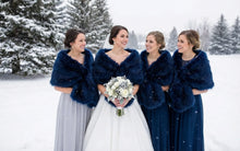 Load image into Gallery viewer, Navy blue faux fur wrap worn by bridesmaids at a wedding, classic and stylish stole for winter events