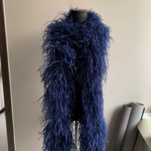 Load image into Gallery viewer, Classic navy blue ostrich feather boa, elegant formal wear accessory for gala and events.
