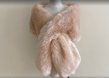 Load image into Gallery viewer, Nude beige faux fur wrap stole, warm and neutral shrug for weddings, evening wear and formal occasions