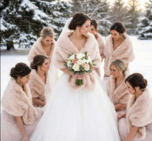 Load image into Gallery viewer, Nude blush faux fur wrap worn by bridesmaids at a wedding, soft and romantic stole for winter weddings
