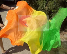 Load image into Gallery viewer, Orange and green gradient silk veil fan, warm handheld fan for fall events, festivals, performances and photoshoots